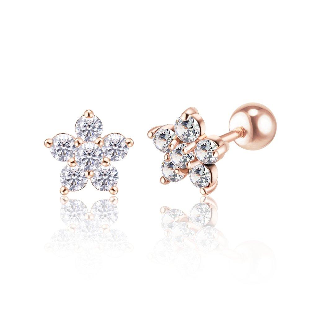 14K Gold Small Flower Cluster Cubic Piercing Earlobe Barbell Flower Ear Cants Earrings