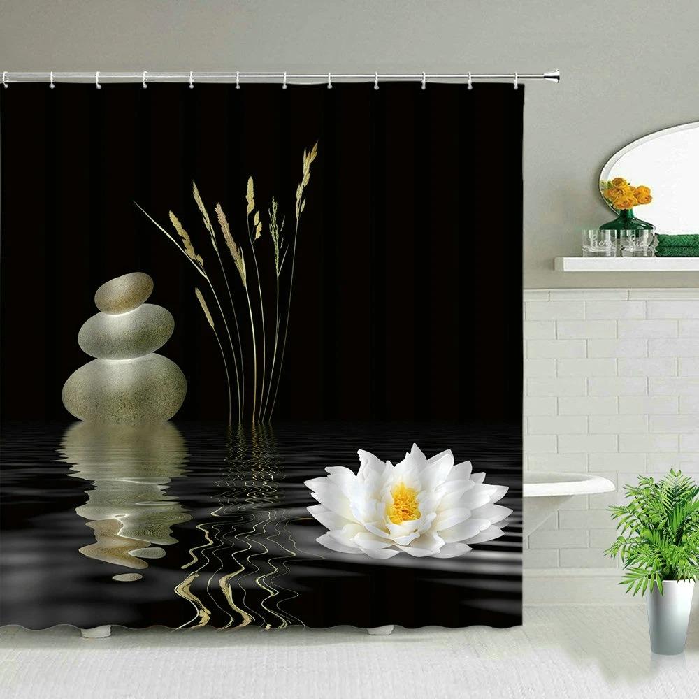Zen Green Bamboo Buddha Shower Curtains Water Candle Stone Lotus Plant Garden Scenery 3D Home Decor Cloth Hooks Bathroom Curtain