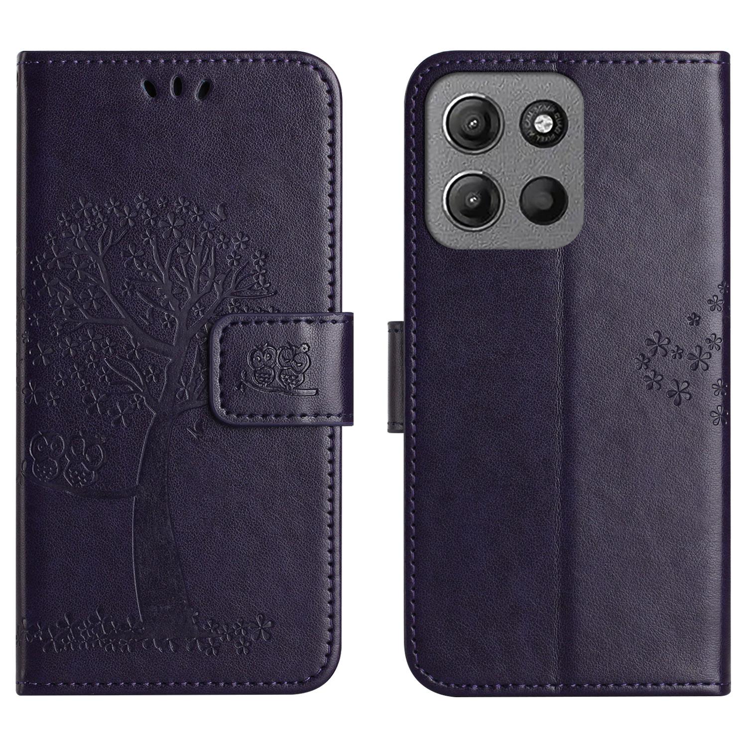 

For Motorola Moto G86 5G/G86 Power 5G Case PU Leather Owl Tree Imprinted Wallet Phone Cover with Strap Dark Blue