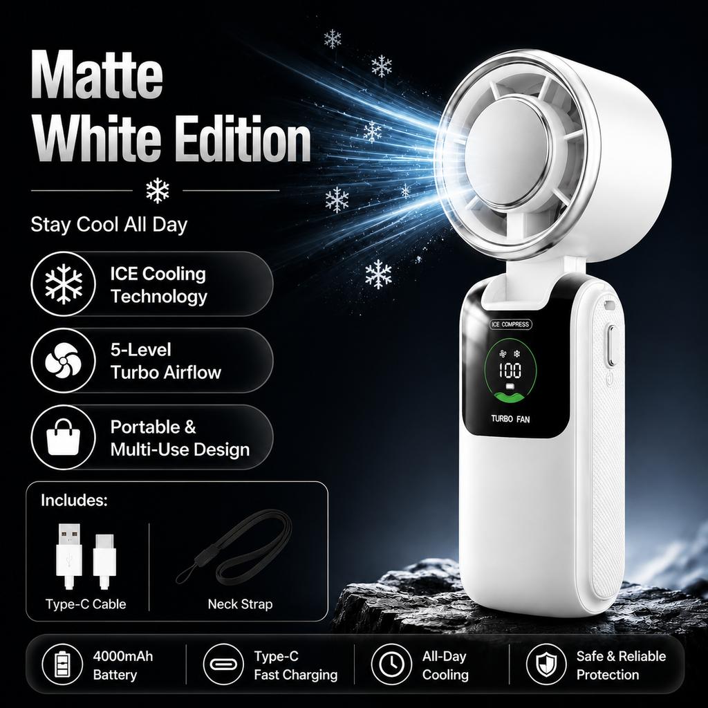 Ice Cooling Portable Neck Fan, 5-Speed Turbo Wind Foldable Hands Free Cooler, 4000mAh 9H Battery Travel Outdoor