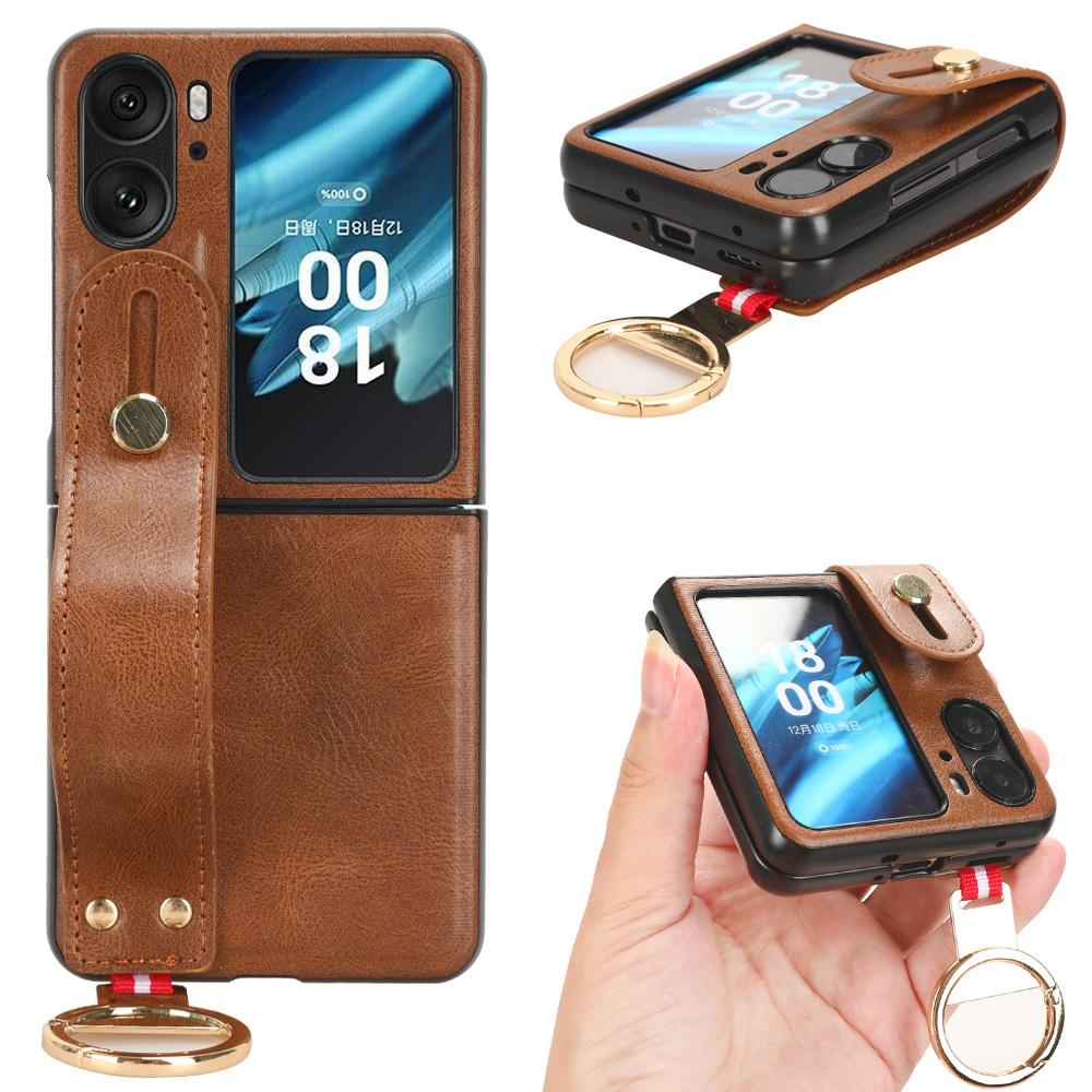 

For Oppo Find N2 Flip 5G PU Leather+PC Phone Case Wristband Kickstand Bottle Opener Shockproof Cover Brown
