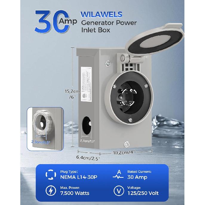 30 Amp Generator Power Inlet Box, NEMA L14-30P Inlet Box for 4-Prong Generator Cord, 125/250V 7500 W Pre-Drilled, Weatherproof Outdoor Plug Box for