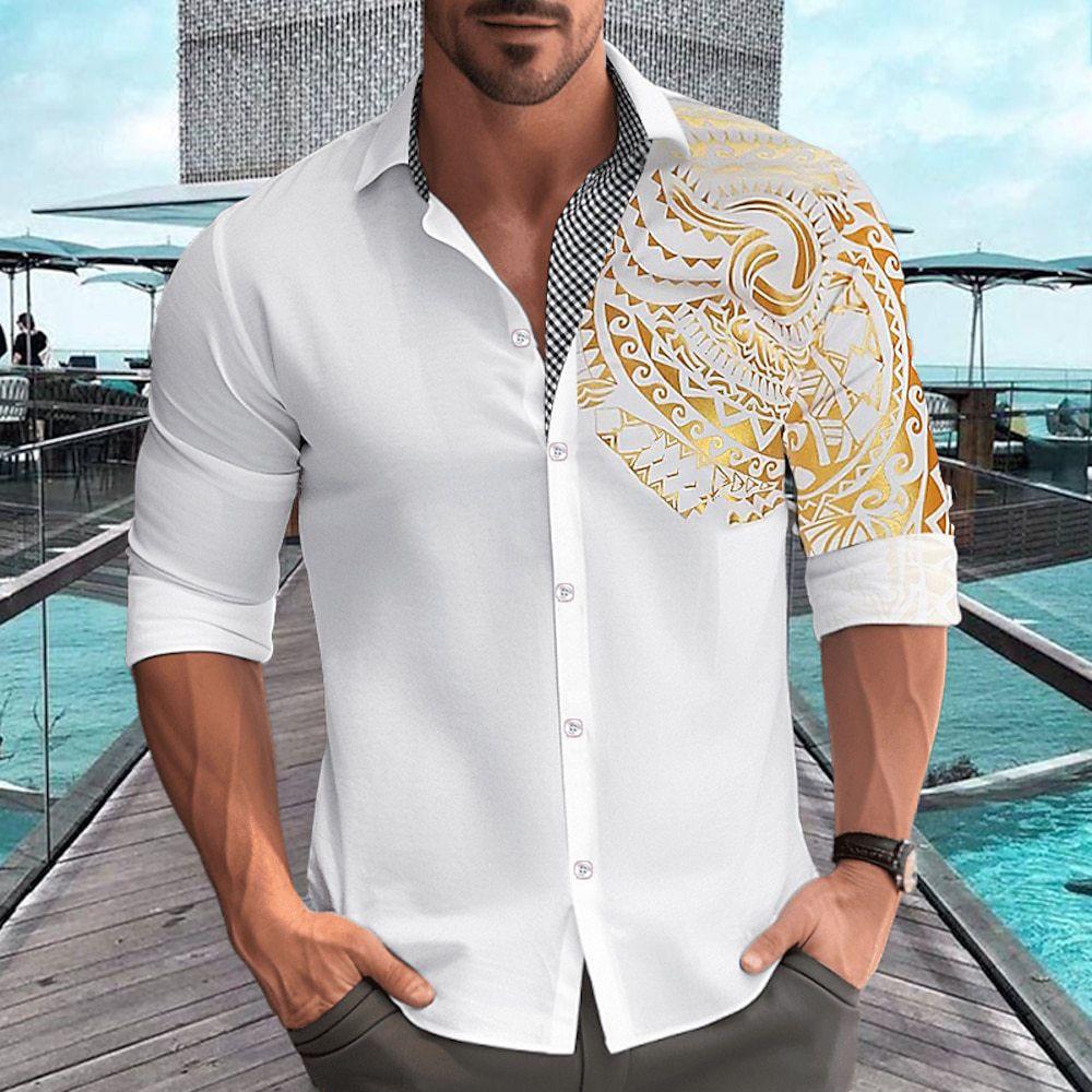 Men's Black Asymmetrical Tribal Print Shirt - Contrast Collar Button-Up Casual Top with Rolled Sleeves