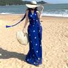 Swinging Collar Polka Dot Print Long Dress Sexy Big Halter Neck Dress Island Vacation Fairy Dress