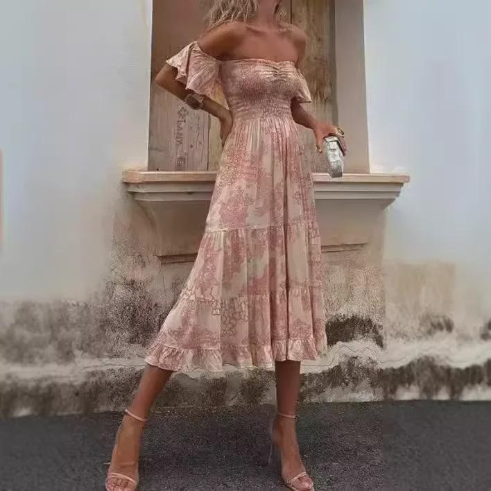 Printed Off-Shoulder Tube Top Dress with Lotus Leaf Sleeves