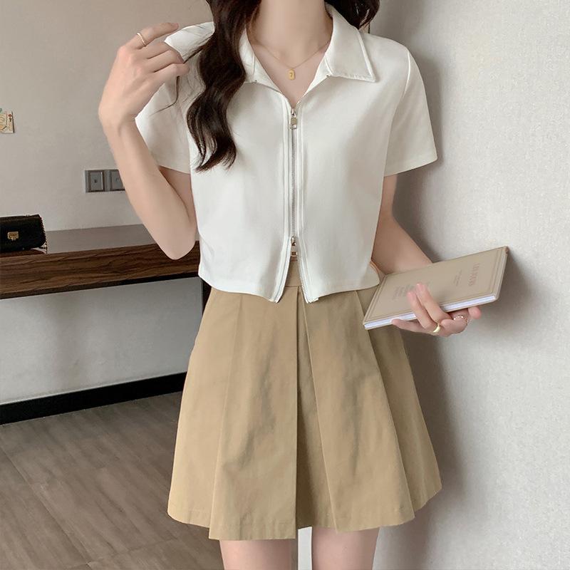 Francouzský design Polo límec dámské tričko s krátkým rukávem letní tenké výklenkový styl zip krátký top s polovičním rukávem