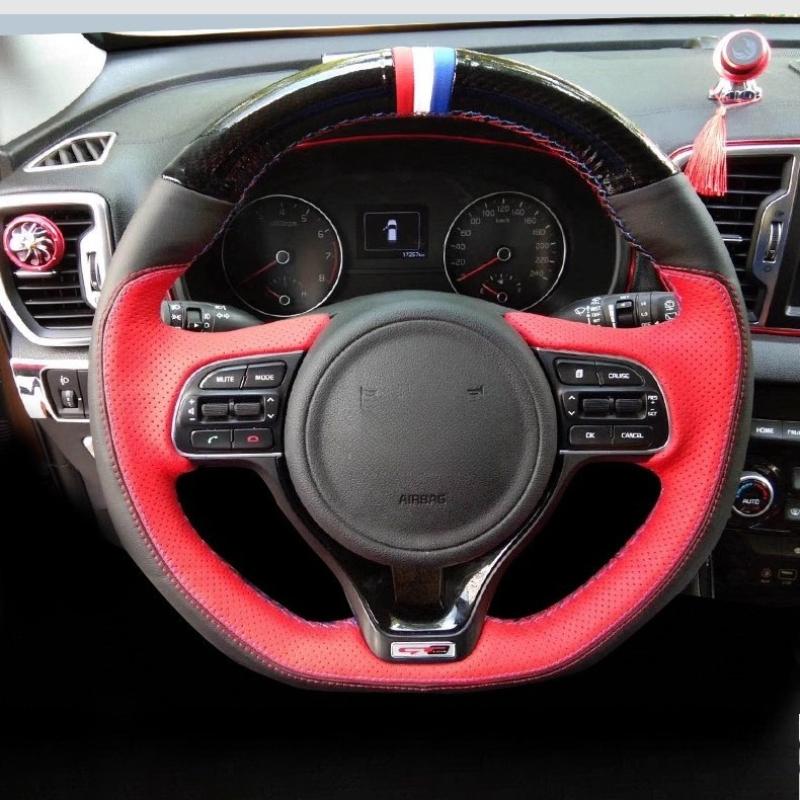 Hand-stitched non-slip black red  leather Carbon Fiber car steering wheel cover For Kia Sportage KX5 K5 Optima 2016-2018
