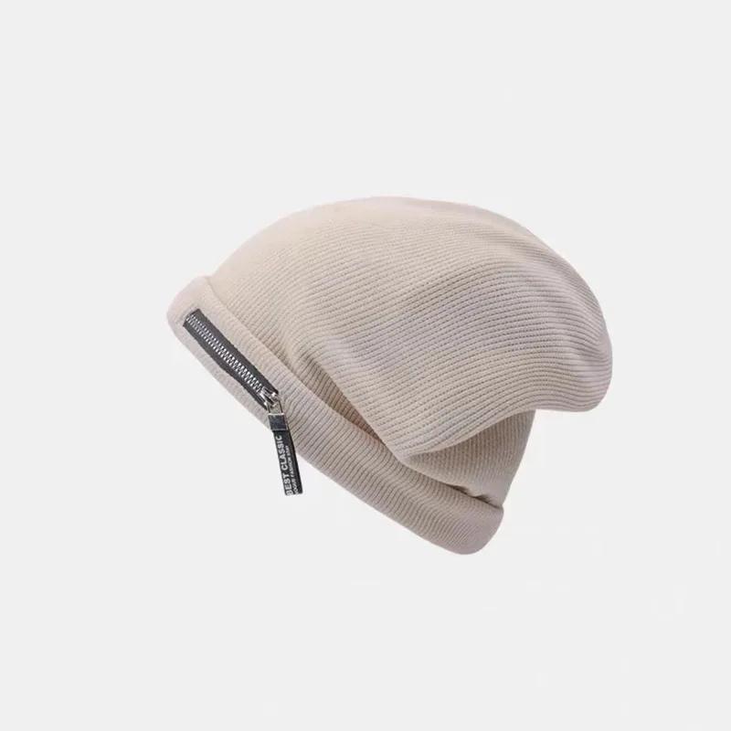 

New Personality Zipper Beanie Hat Autumn and Winter Outdoor Warm Green Knitted Women s Hats Loose American Pile Cap for Men 55-58cm