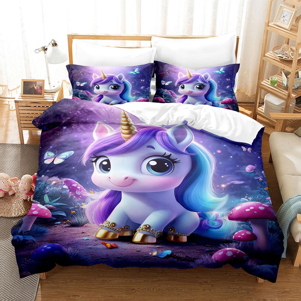 Cartoon Bedding Set Unicorn Rainbow 3D Printed Duvet Cover Set Soft Skin-Friendly Single Double King Size for Kids Birthday Gift