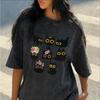 Washed Cotton Black Cat Print T-Shirt Funny Cartoon Cat Graphic Tee Casual Loose Short Sleeve Top for Streetwear