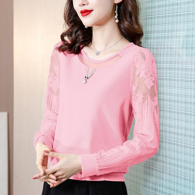 Košile s kulatým límcem, jednobarevná, krajková, jarní, podzimní oblečení, nové dámské spodní tričko, šifonový top, s dlouhým rukávem, krátké tričko