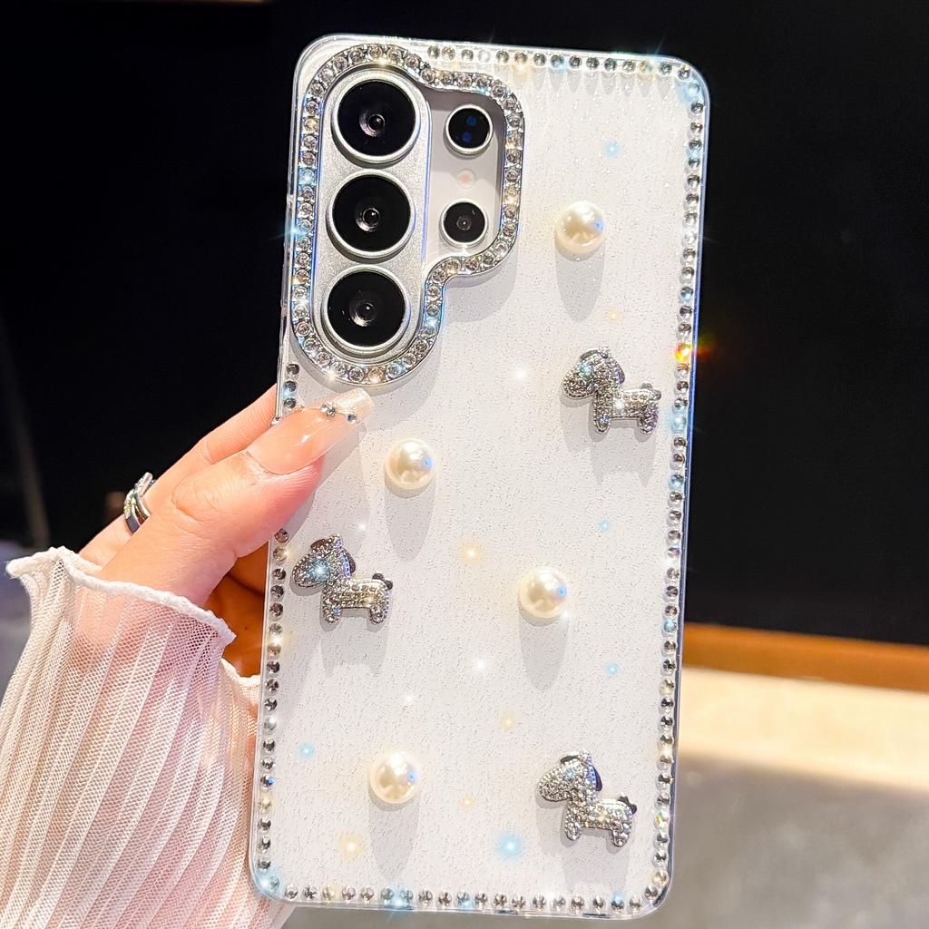 Applicable to Samsung S26Ultra pearl pony mobile phone case S24FE flash diamond S25 all-inclusive anti-drop DIY protective case