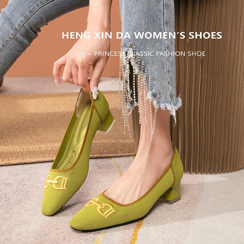 Coarse heel single shoes women's shoes knitted spring and autumn embroidery Japanese medium heel flying knitting temperament high heel