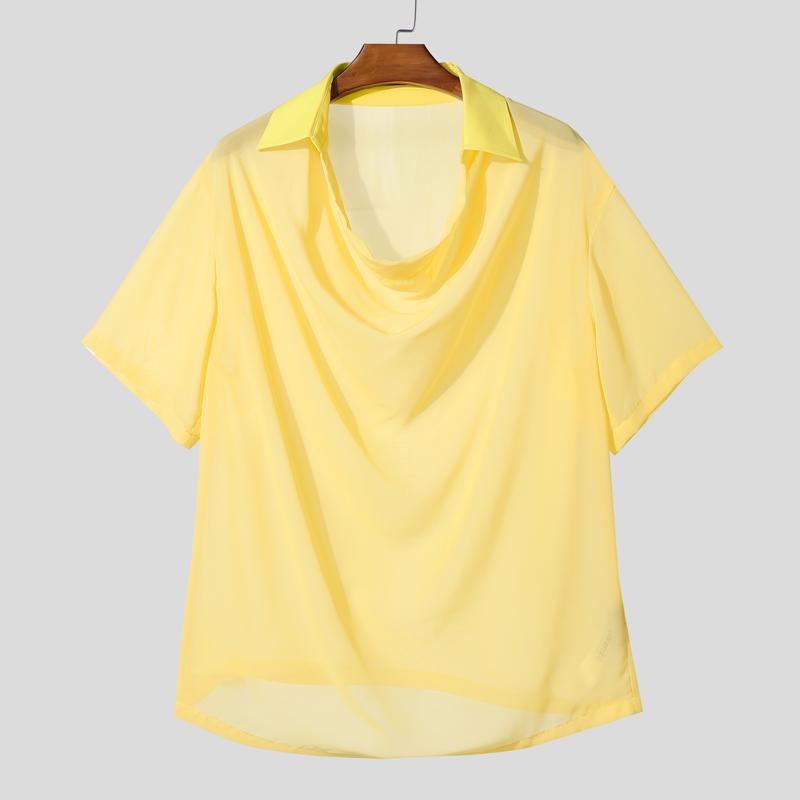 INCERUN Summer Men Swing Collar Short Sleeve Mesh See Through Hollow T-shirts Tops