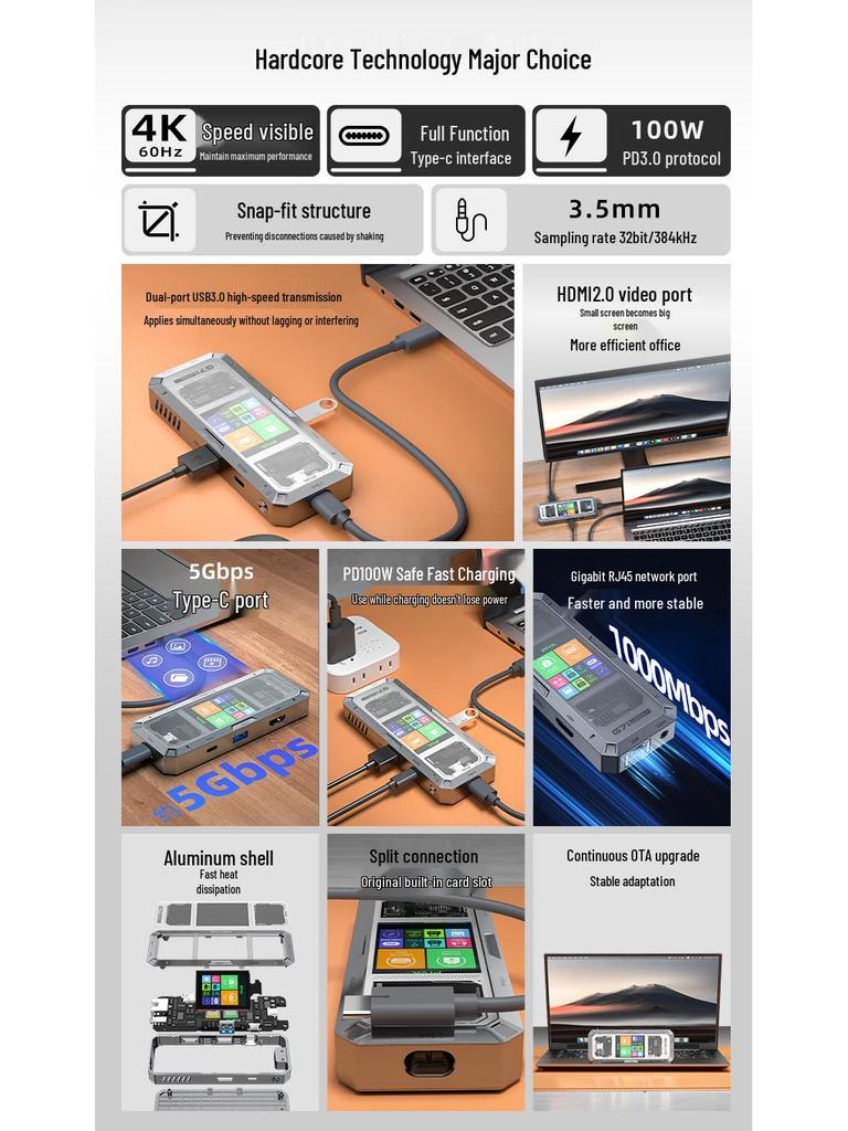 עמדת עגינה חכמה Piva G71 Type-C: HDMI 4K60Hz, Ethernet Gigabit, מפצל מהירות גבוהה