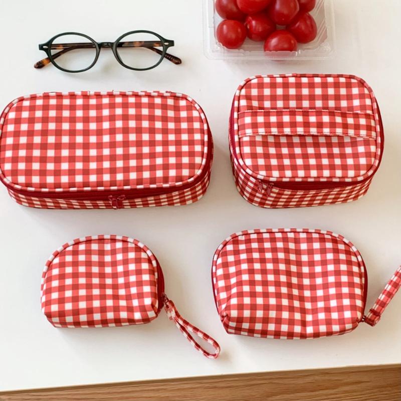 Large Capacity Makeup Bag Women's Red Checkered Portable Travel Grooming Bag Cosmetics Handbag Multi Zone Layered Toiletry Bag Storage Bags