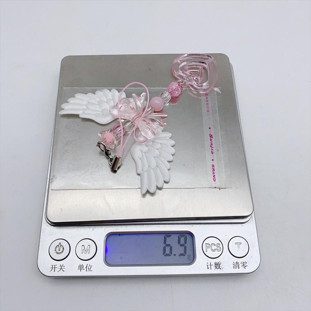 Cute Trendy Pink Bow Tie White Angel Wings Double Hearts String Beads Keychain Camera Pendant for Women Backpack Jewelry Gift