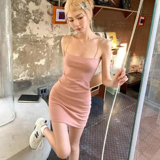 Pink Spicy Chic French Spaghetti Strap Dress - Women's Elegant Slim Fit