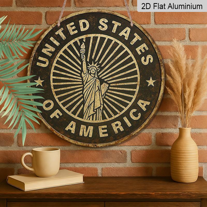 2D Flat, 1pc 7.87x7.87 Inch 2D Flat Round Aluminum Sign - "United States of America" Retro Wall Art with Statue of Liberty Design, Durable Metal