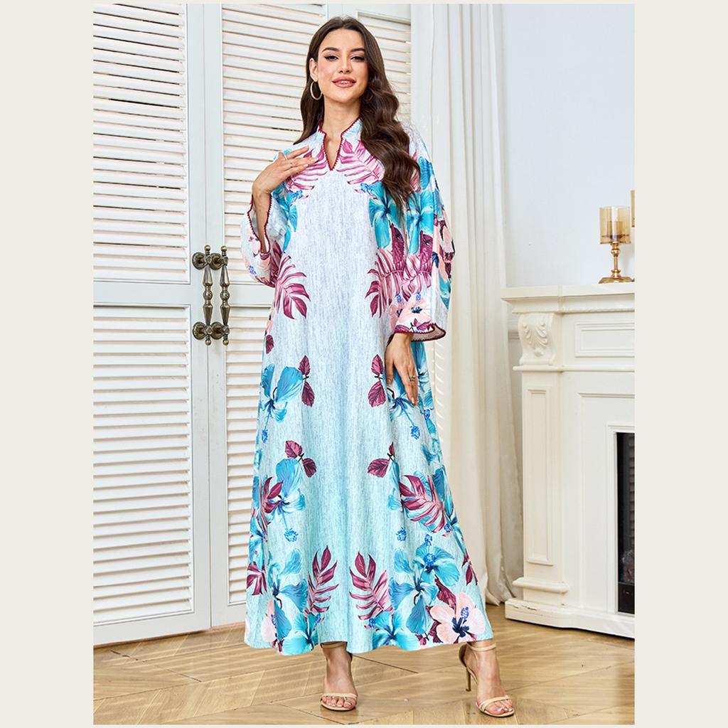 Casual Dresses Arabian Style Elegant Floral Loose Plus Size Casual Maxi Dress for Women, 100% Polyester Fashionable Comfortable Dress