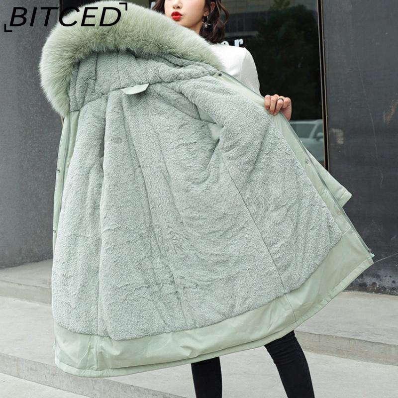 BITCED Winter Women's Mid-Length Cotton Coat with Large Fur Collar and Fleece Lining