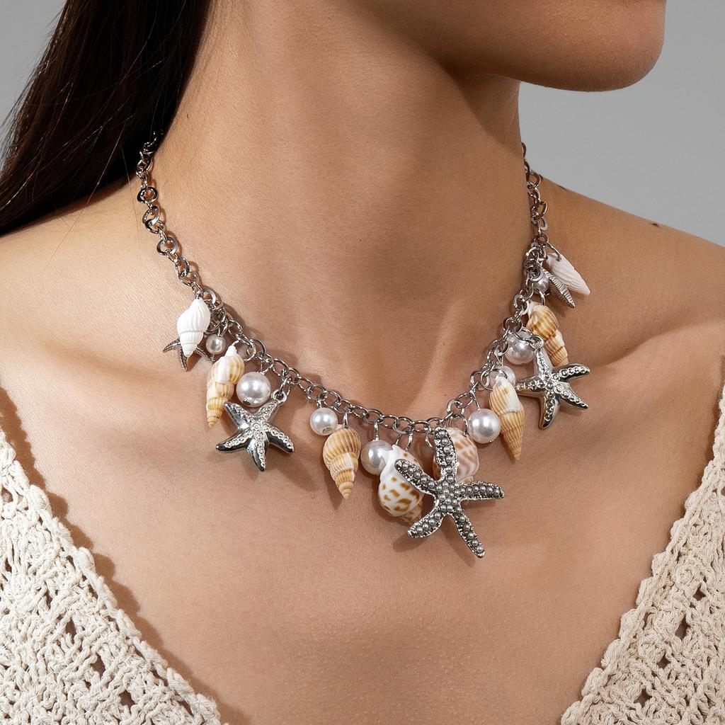 Bohemian Style Conch Shell Starfish Pearl Pendant Tassel Short Women's Necklace Suitable for Vacation