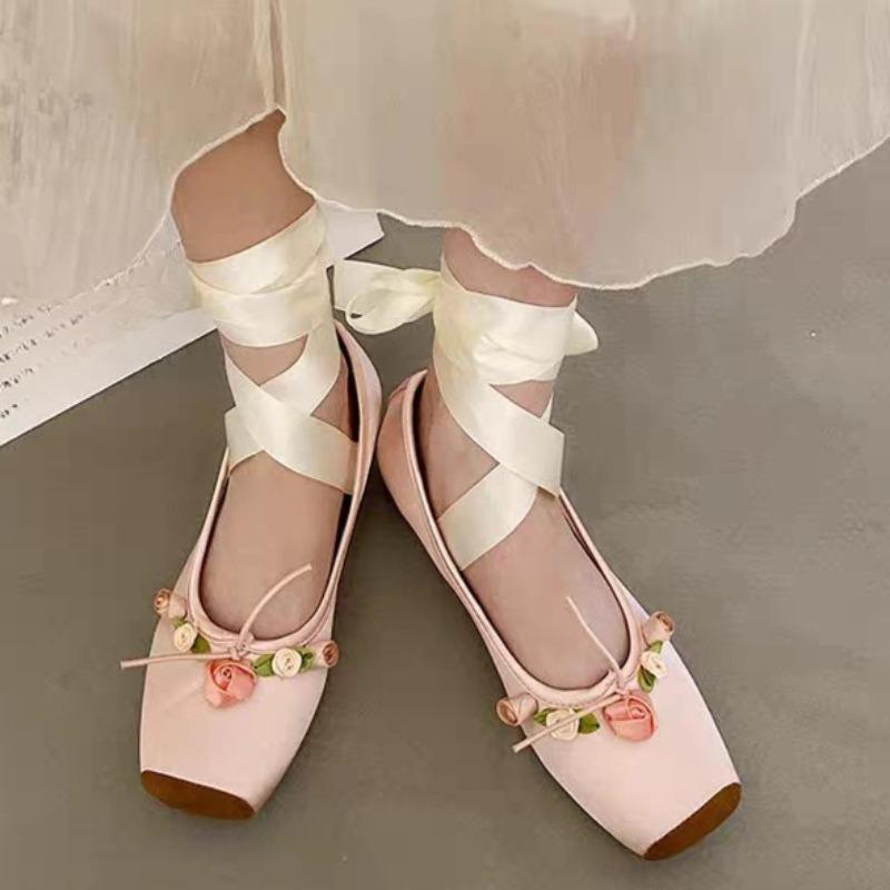 Women's Shoes Flower Design Square Toe Single Shoes Soft Soled Ballet Flats Fashion Shallow Mouth Single Shoes Zapatos De Mujer