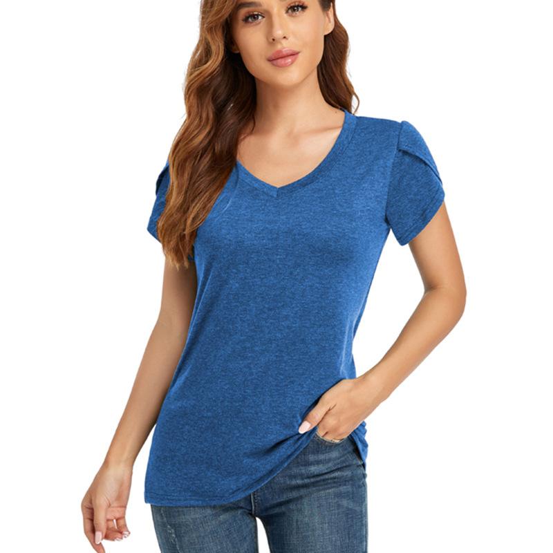 Sommer Damen T-Shirt Einfarbig V-Ausschnitt Kurzarm Locker Lässiges Oberteil