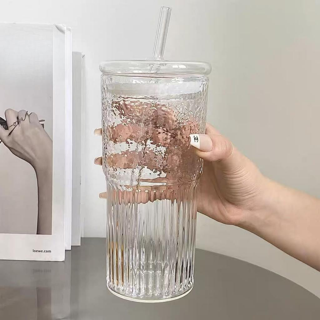Large Capacity Glass Straw Cup High Value Glass Cup with Cover Summer Milk Tea Cold Drink Cup High Temperature Resistant Vertical Water Cup