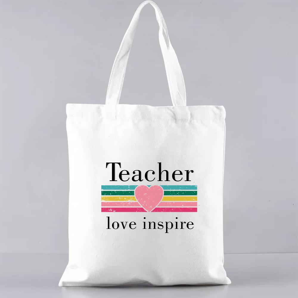 Fashion Shopping Bag Handbag Commuter Casual Shoulder Bag Reusable Canvas Bag White Cartoon Teacher Pattern Printing Tote Bag