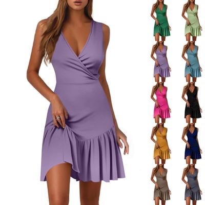 Ladies Casual Fashion V-Neck Sleeveless Solid Color Dress
