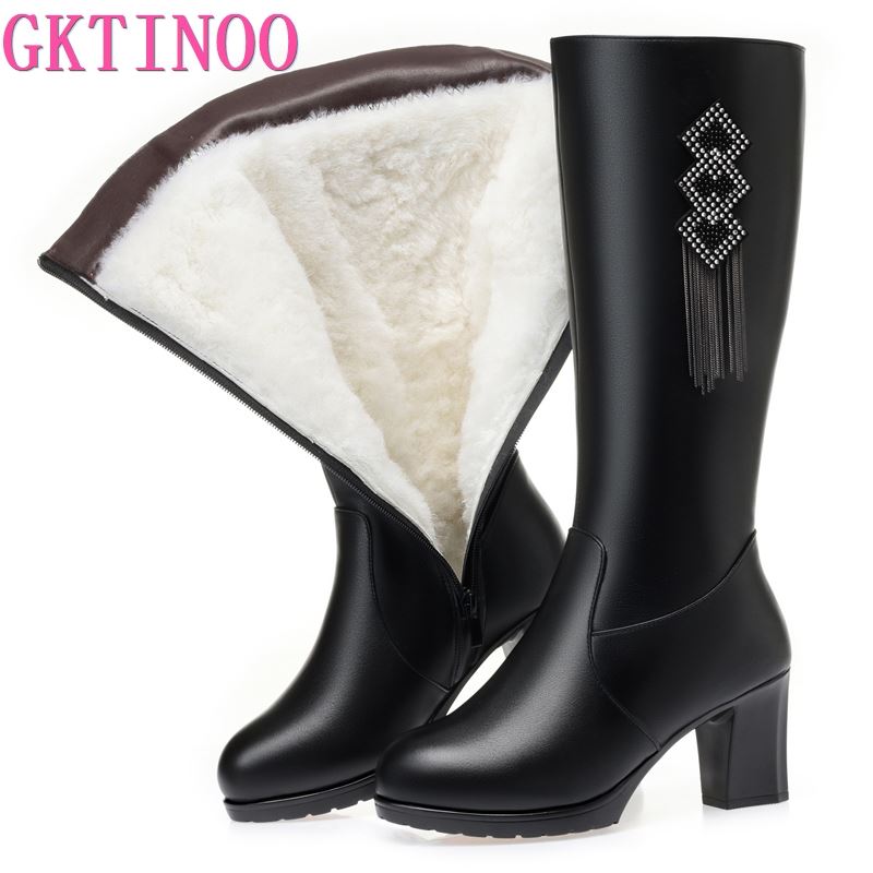 Fashion GKTINOO Women's Boots High Heel Winter Genuine Leather Natural Wool Warm Women Long Boots 2025 New Tassel Mid-Calf Boots Ladies