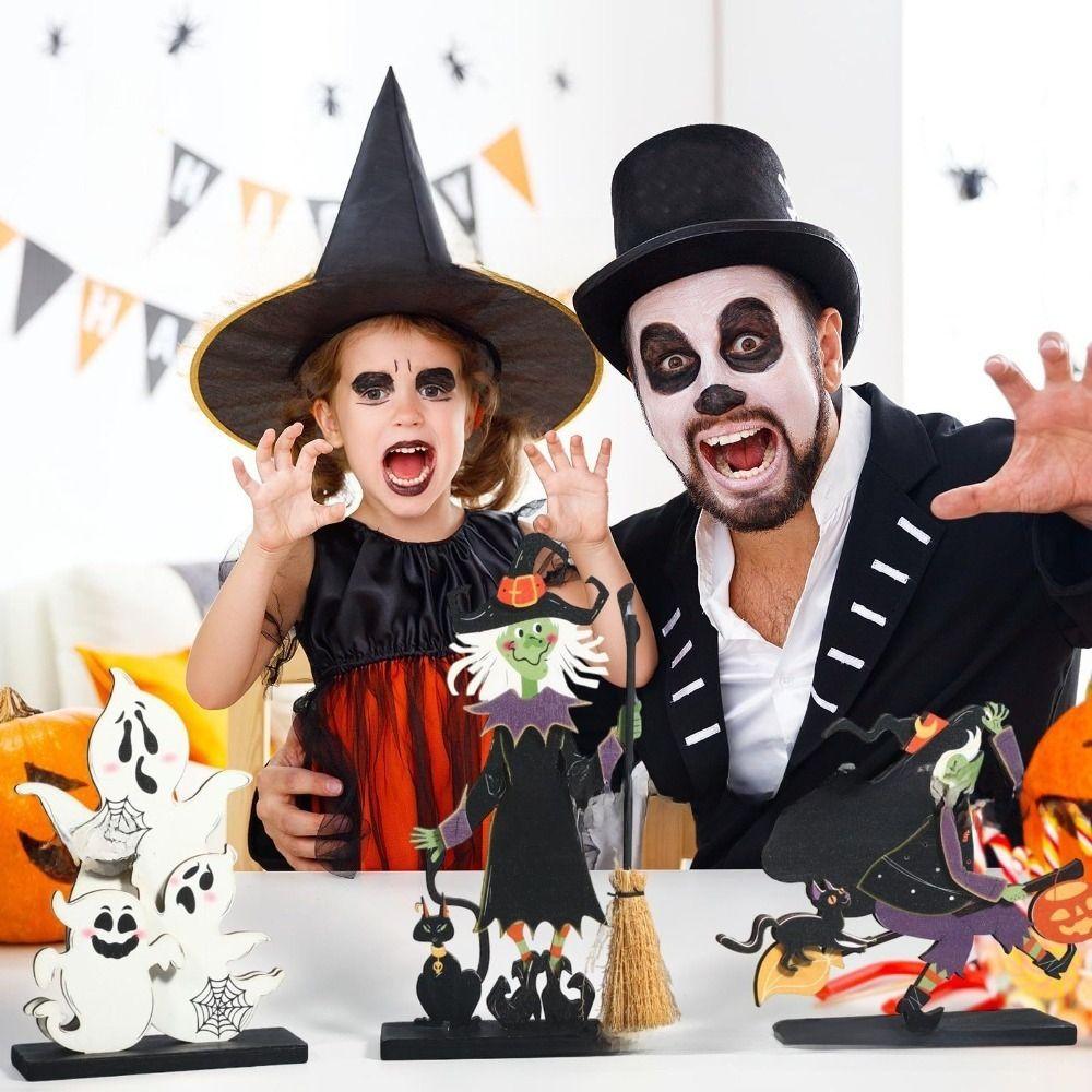 Wooden Halloween Wooden Decor Handicraft Witch Pumpkin Ghost Bat Ornaments Long-lasting Happy Halloween Table Decoration