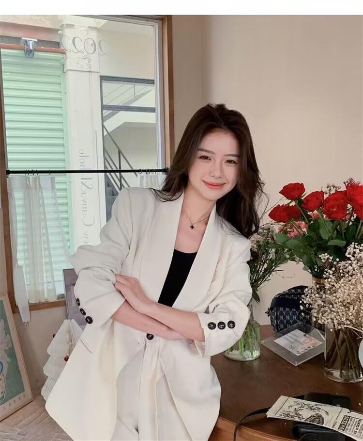Women's Spring & Autumn Loose Fit Blazer and Wide-Leg Pants Set
