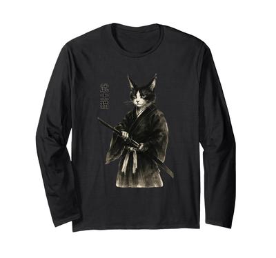 Samurai Cat Vintage Samurai Art Retro Japanese Art Ukiyo-e Long-Sleeve T-Shirt