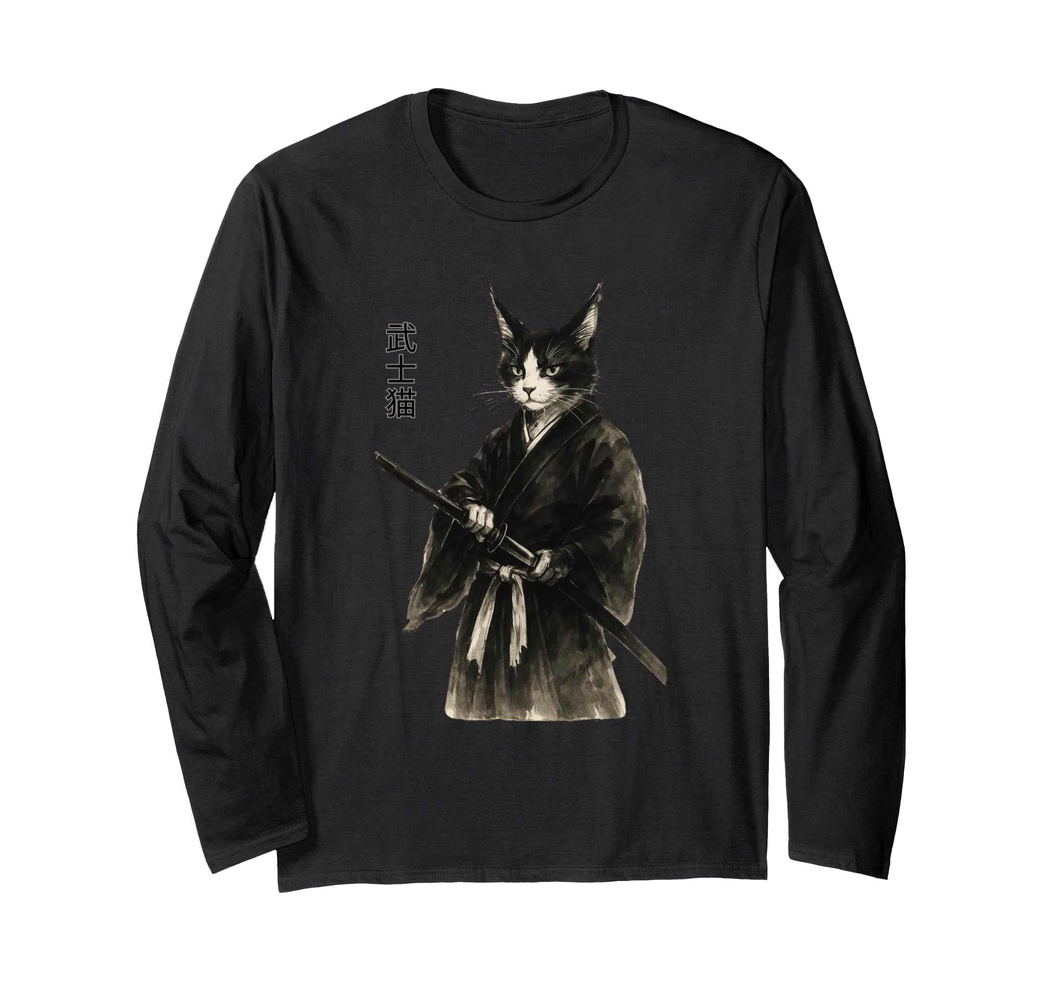 Samurai Cat Vintage Samurai Art Retro Japanese Art Ukiyo-e Long-Sleeve T-Shirt чёрный
