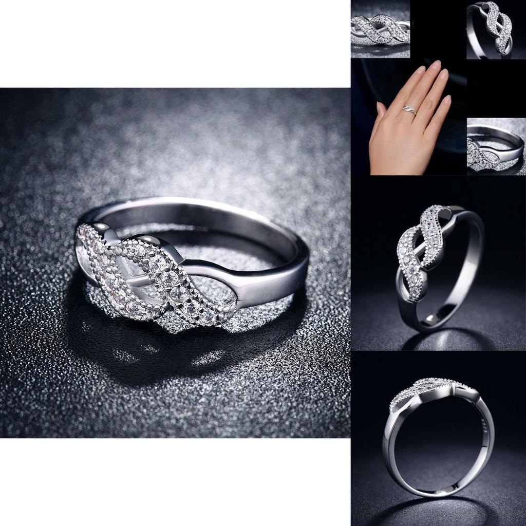 Fashionable Double Spiral Design Ring With Zirconia Inlaid White Gold Plated Women's Jewelry