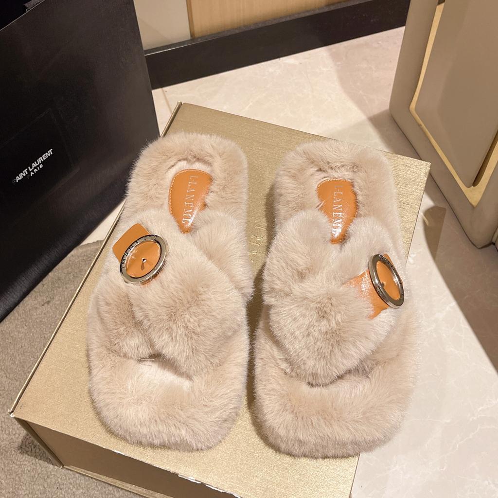 Korean Version Ins Trendy Fluffy Slippers Women's  Autumn Soft Bottom Cross with One-word Drag Casual Outer Wear Versatile Cotton Drag
