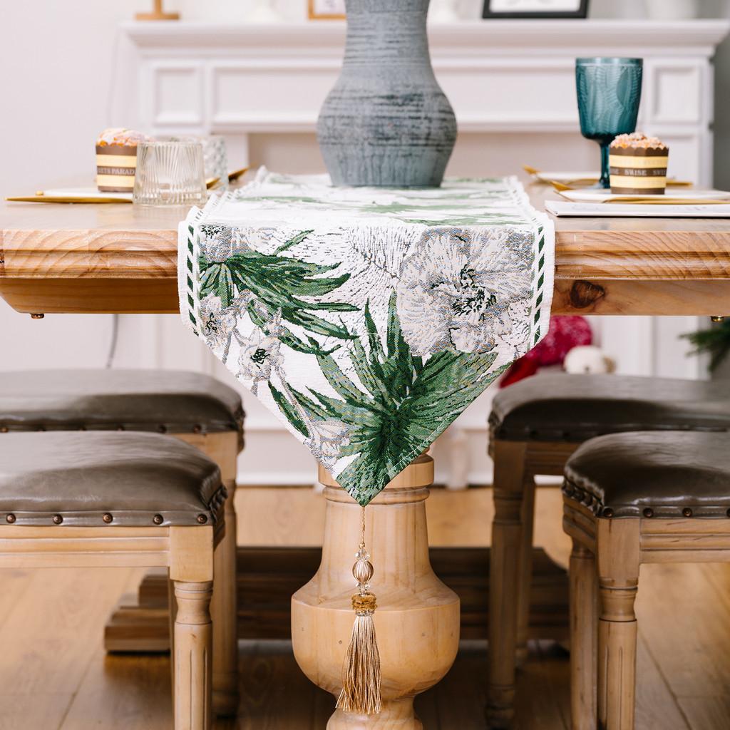 Table Christmas Stylish Decoration Blue Green Floral Table Runner For Home Decor