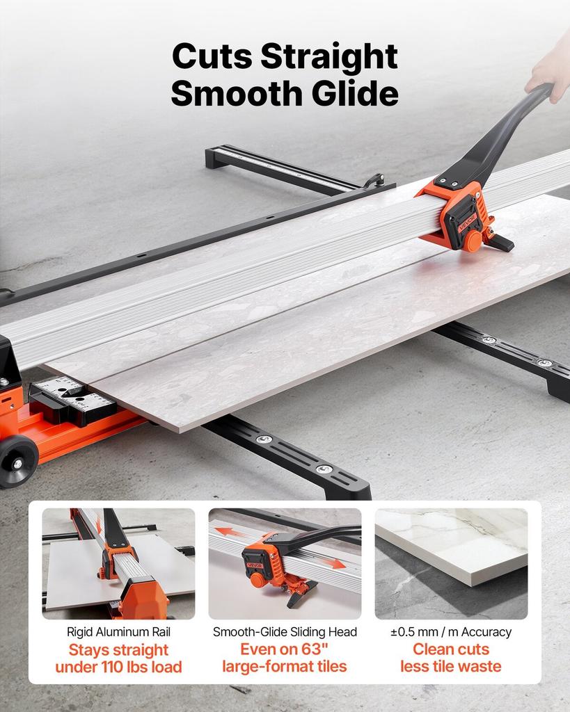 1600 mm Manual Tile Cutter, Upgraded Rail and Sliding Head, Precision Alignment Guide, Tungsten Carbide Cutting Wheel, Support Legs with Swivel