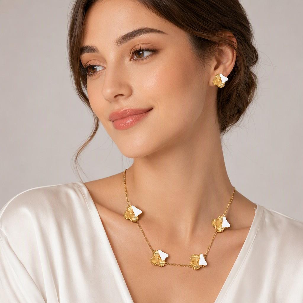 Non-fading Stainless Steel Titanium Steel Double-sided Four-leaf Clover Necklace Set Earrings Bracelet for Women's Stylish