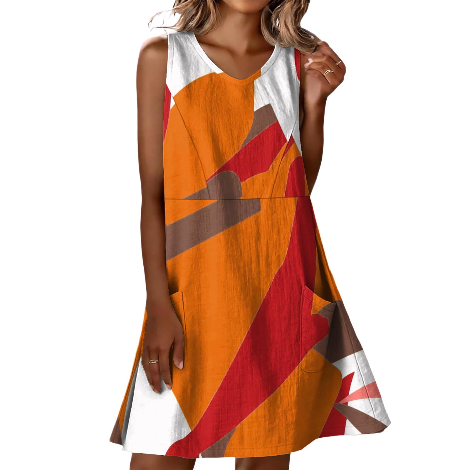 

Летние платья для женщин Свободные Пляжный отдых Повседневные Без рукавов V-образный вырез Сарафаны с карманами Платье-майка L оранжевый