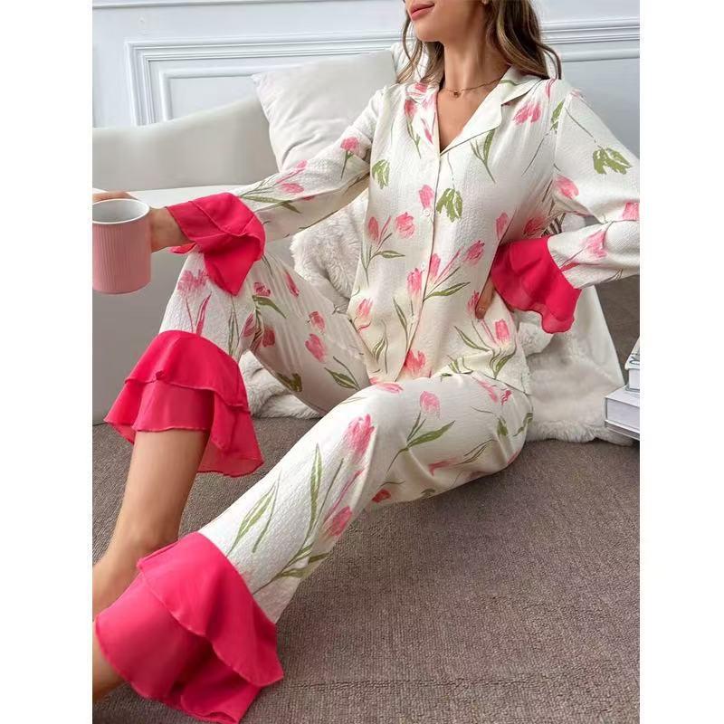 Spring & Autumn Women's Lace Trim Lapel Cardigan Pajama Set