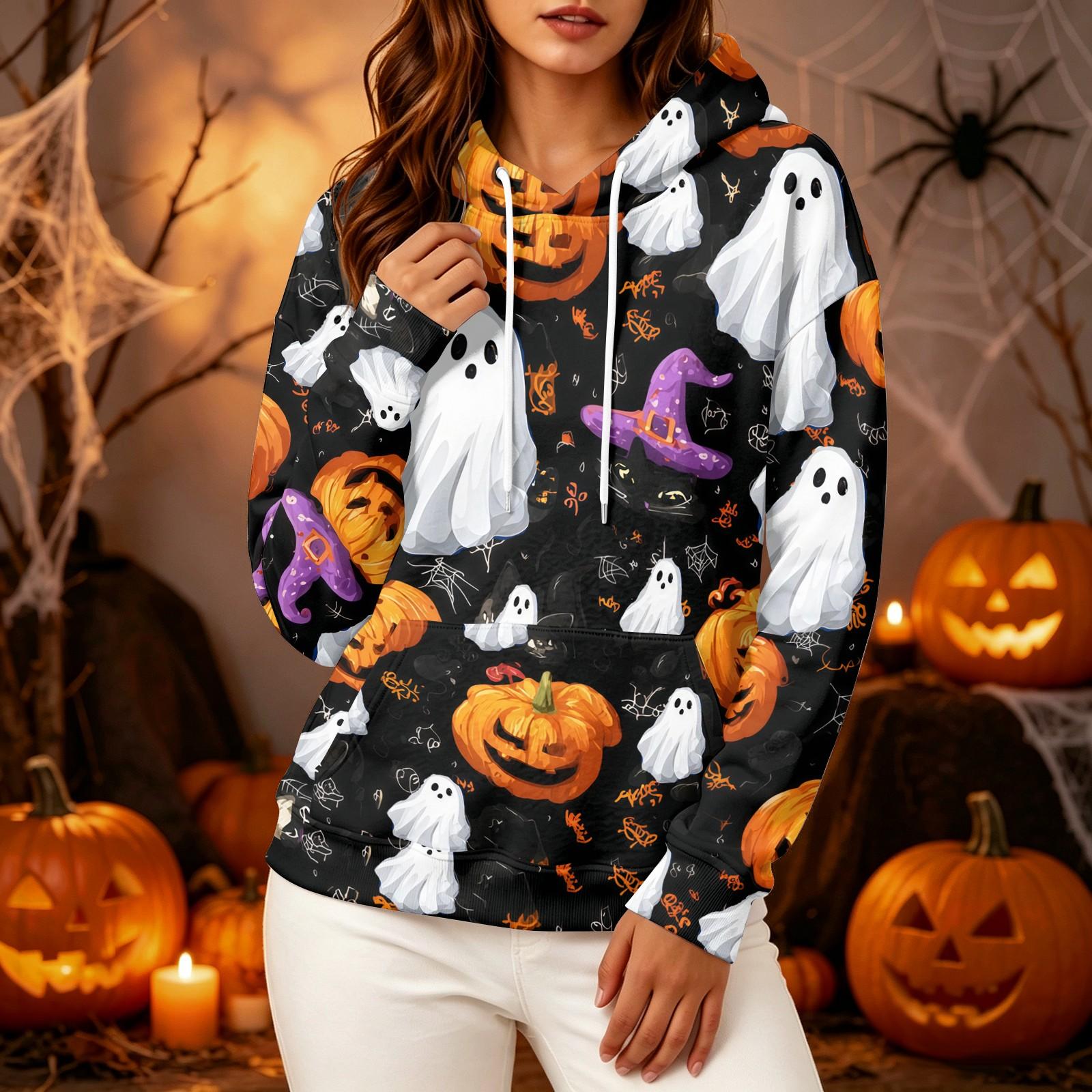 Women s Long Sleeve Halloween Printed Hoodie Sweatshirt for Casual Holiday Wear XL