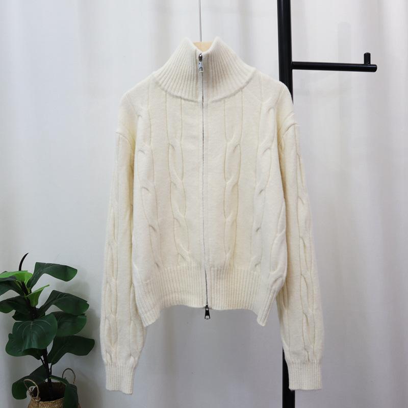 Thickened double zipper twist knitted cardigan autumn and winter new design soft waxy gentle wind sweater jacket women