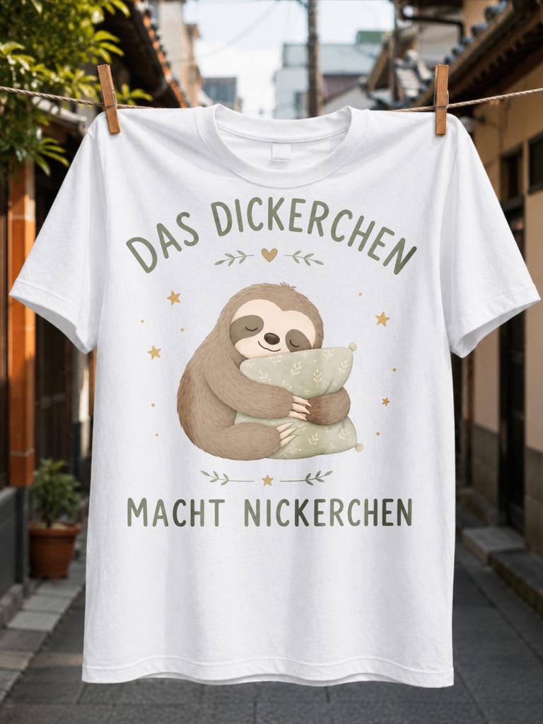 with cute spy sloth hugging cushion Das Dickerchen Macht Nickerchen text stars and soft neutral art Unisex All T-Shirt