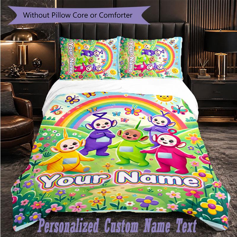 Personalized 3Pcs Bedding SetTeletubbies Custom Text Duvet Cover Pillowcase Set Bedroom Gift
