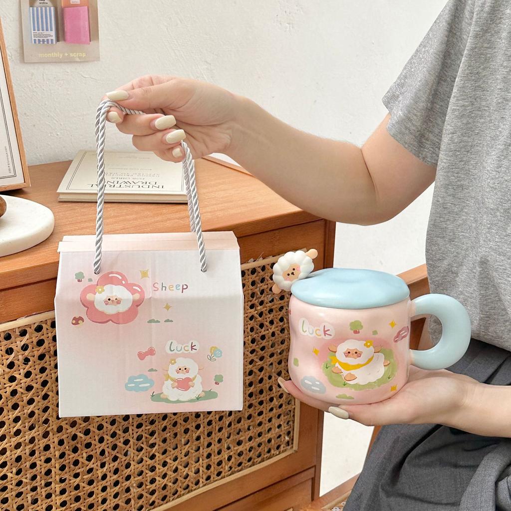 Cute Cartoon Lamb Ceramic Cup Birthday Gift Girl Mug with Lid Couple Girl High value Water Cup