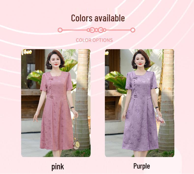 New Summer Jacquard Mid-Length Dress, Short Sleeve, Chinese Style, for Young and Middle-Aged Women