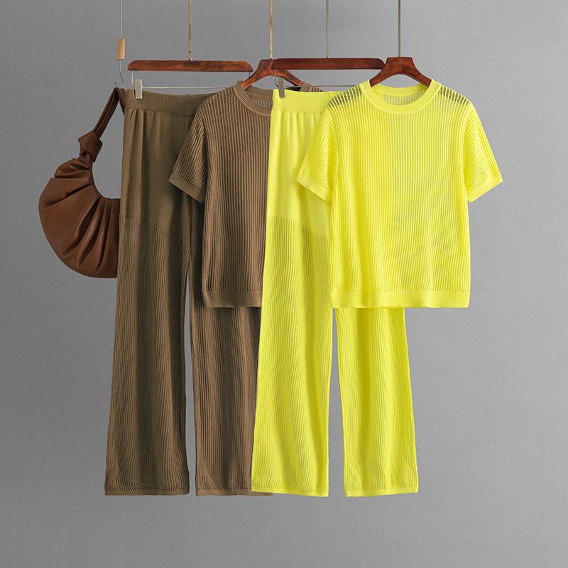 Autunno Inverno Lazy Wind Loose O-Collo Pullover Maglione Completo Donna Tinta Unita Manica Corta Maglia Pantaloni Gamba Larga Due Pezzi Set